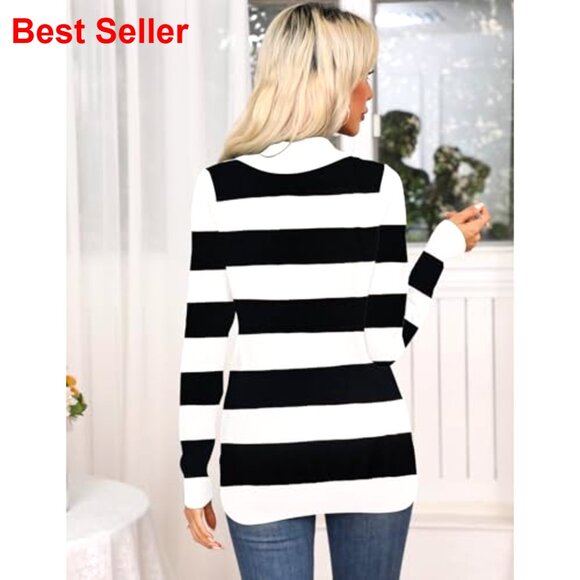 V-Neck Polo Collar Knit Sweater Tunic, Business Casual Pullover, Long Sleeve - Picture 4 of 7